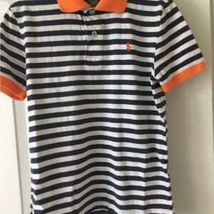 Ralph Lauren Boys Navy and White Striped Polo with Orange Accents